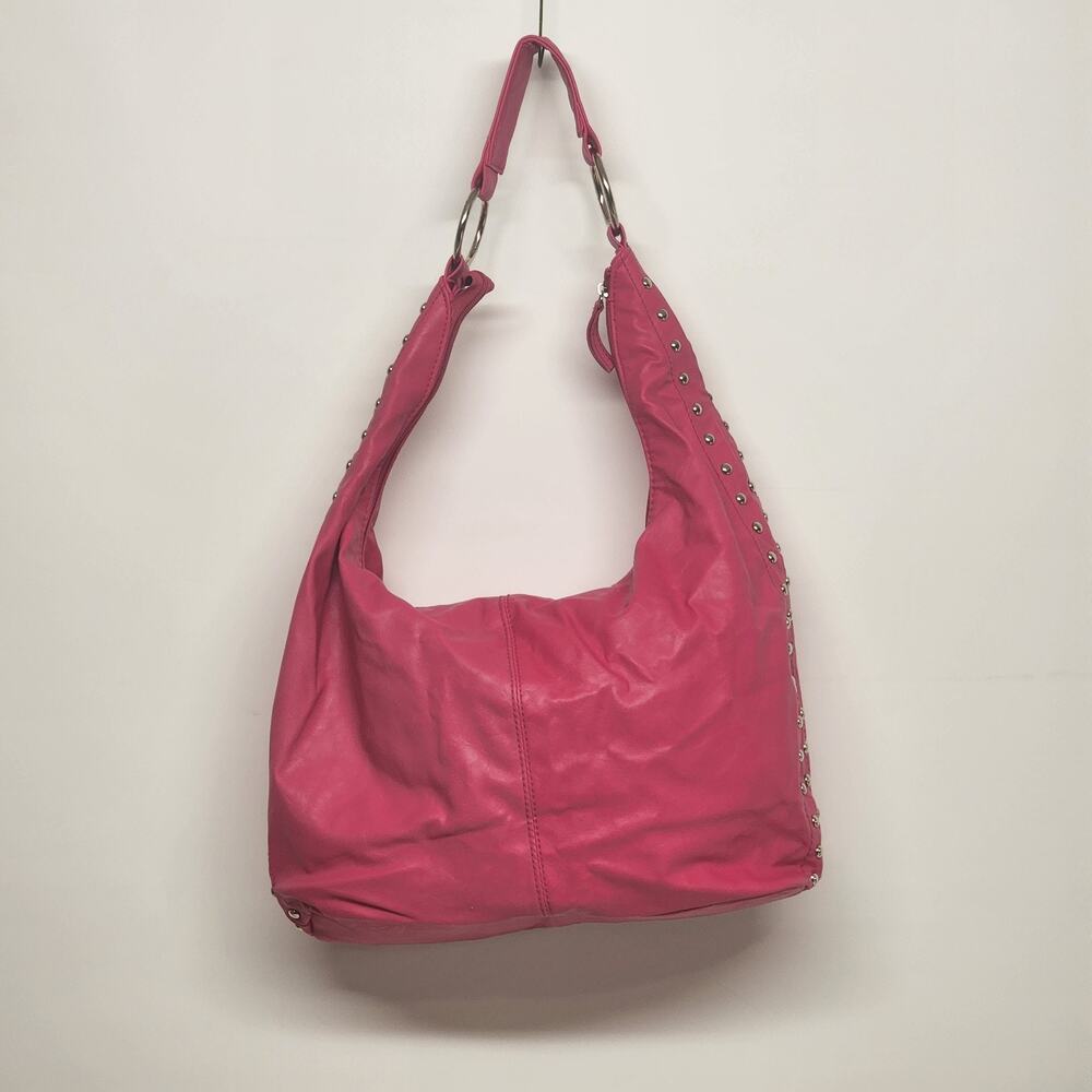Pink Leather Hobo Bag Studded Hand Shoulder Purse Silver Studs Slouchy 12" Vtg